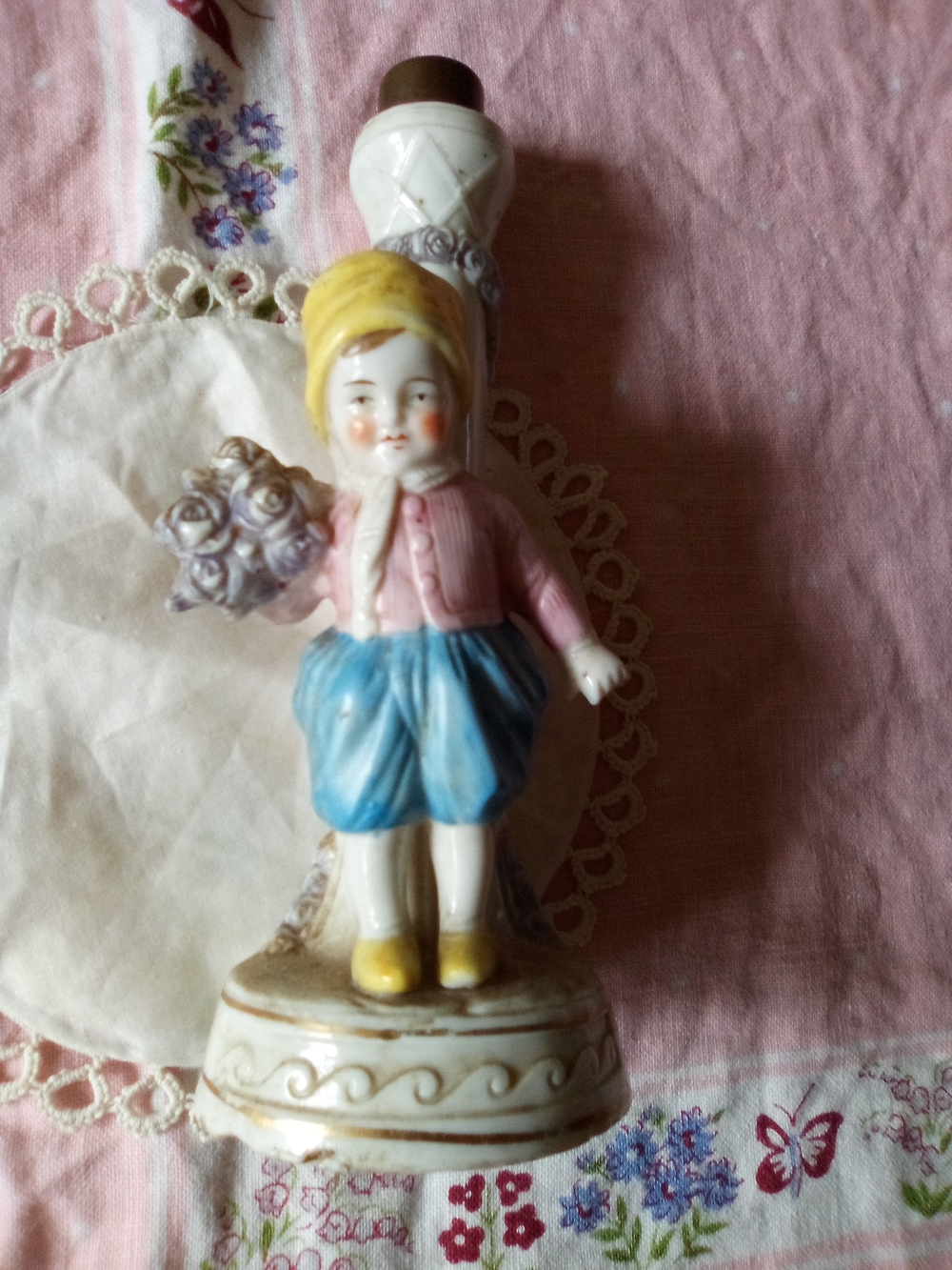 Vintage Lamp Base Porcelain Figurine Boy w Flowers